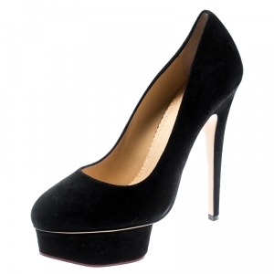 Pre Owned Charlotte Olympia Black Suede Dolly Platform Pumps Size 38.5
