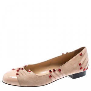 Pre Owned Charlotte Olympia Beige Suede And Patent Leather Embellished Manipedi Ballet Flats 37