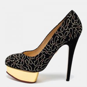 Charlotte Olympia Black Suede Midnight Dolly Bat Embroidered Platform Pumps Size 39