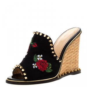 Charlotte Olympia Black Suede Gail Embroidered Open Toe Wedge Sandals Size 39
