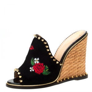 Charlotte Olympia Black Suede Gail Floral Embroidered Open Toe Wedge Sandals Size 39.5