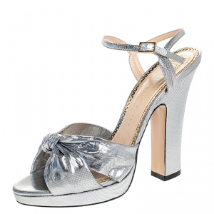 Pre Owned Charlotte Olympia Metallic Silver Lame Fabric Farrah Knot Platform Sandals Size 40