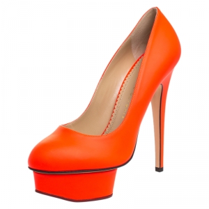 Pre Owned Charlotte Olympia Orange Leather Dolly Platform Pumps Size 38