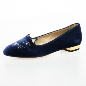 Pre Owned Charlotte Olympia Kitty Embroidered Velvet Flats Size 39.5