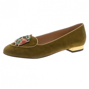 Pre Owned Charlotte Olympia Green Suede Capricorn Smoking Slippers Size 38.5