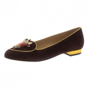 Pre Owned Charlotte Olympia Brown Suede Taurus Smoking Slippers Size 37.5