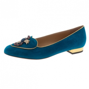 Pre Owned Charlotte Olympia Blue Suede Scorpio Smoking Slippers Size 39.5