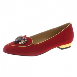 Pre Owned Charlotte Olympia Red Suede Aries Smoking Slippers Size 37