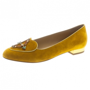 Pre Owned Charlotte Olympia Mustard Yellow Suede Sagittarius Smoking Slippers Size 39.5