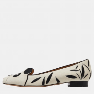 Charlotte Olympia White/Black Velvet Kitty Ballet Flats Size 38