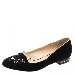 Pre Owned Charlotte Olympia Black Embroidered Velvet Kitty Flats Size 38
