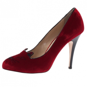 Pre Owned Charlotte Olympia Red Kitty Embroidered Velvet Pumps Size 39