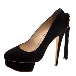 Pre Owned Charlotte Olympia Black Suede Fantastic Dolly Tassel Pumps Size 39.5