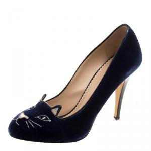 Pre Owned Charlotte Olympia Blue Embroidered Velvet Kitty Pumps Size 39
