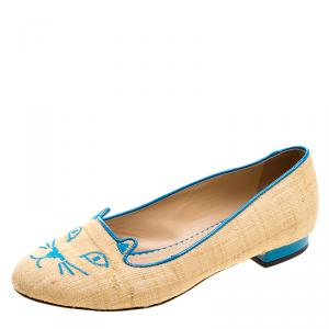 Pre Owned Charlotte Olympia Beige and Blue Raffia Kitty Flats Size 37