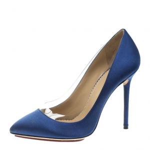Pre Owned Charlotte Olympia Blue Satin and PVC Desiree Pointed Toe Pumps Size 41