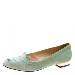 Pre Owned Charlotte Olympia Peppermint Green Velvet Pouting Kitty Flats Size 38