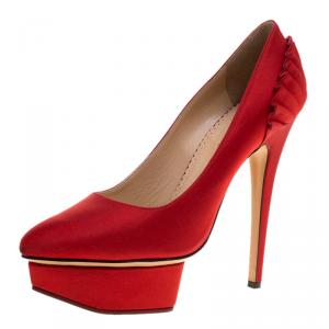 Pre Owned Charlotte Olympia Red Satin Paloma Fan Pleat Platform Pumps Size 37.5