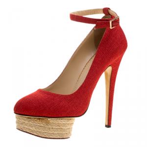 Pre Owned Charlotte Olympia Red Canvas Dolores Ankle Strap Platform Pumps Size 37.5
