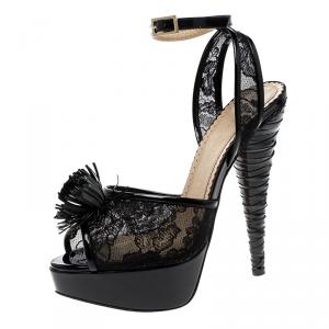 Charlotte Olympia Black Lace and Patent Leather Temptress Platform Sandals Size 36
