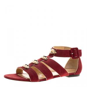 Charlotte Olympia Garnet Red Suede One More Kiss Flat Gladiator Sandals Size 38.5