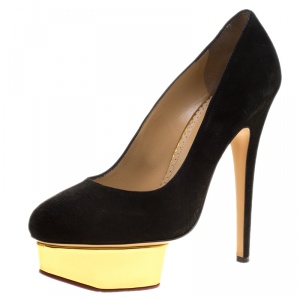 Pre Owned Charlotte Olympia Black Suede Dolly Platform Pumps Size 38