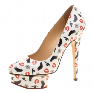 Pre Owned Charlotte Olympia M.A.C Collection White Printed Leather Dolly Pumps Size 37