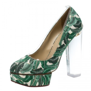 Pre Owned Charlotte Olympia Green Leaves Printed Canvas and PVC Mabel Platform Pumps Size 39