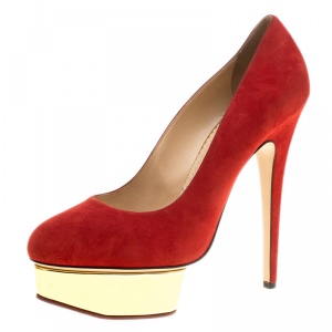 Pre Owned Charlotte Olympia Red Suede Dolly Platform Pumps Size 40