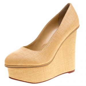 Pre Owned Charlotte Olympia Beige Raffia Carmen Wedge Platform Pumps Size 38