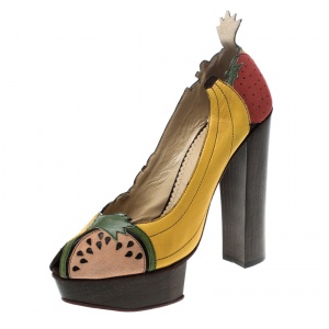 Pre Owned Charlotte Olympia Multicolor Leather and Suede Bananas Is My Business Block Heels Pumps Size 39