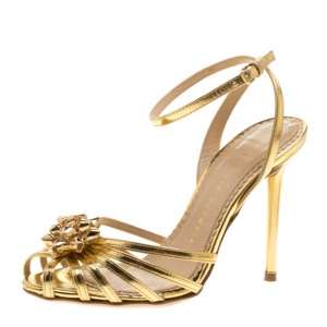 Charlotte Olympia Metallic Gold Leather Surprise! Ankle Strap Sandals Size 35.5