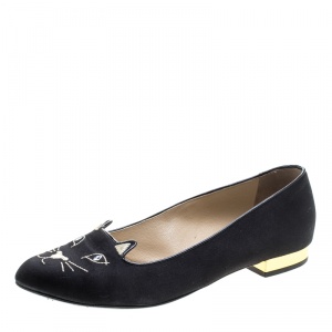 Pre Owned Charlotte Olympia Black Satin Kitty Ballet Flats Size 37.5