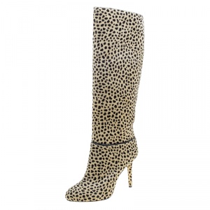 Pre Owned Charlotte Olympia Beige Leopard Print Pony Hair Corine Knee High Boots Size 40