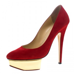 Pre Owned Charlotte Olympia Red Suede Dolly Platform Pumps Size 36.5