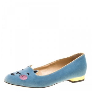 Pre Owned Charlotte Olympia Grey Velvet Emoticats Cheeky Kitty Flats Size 38