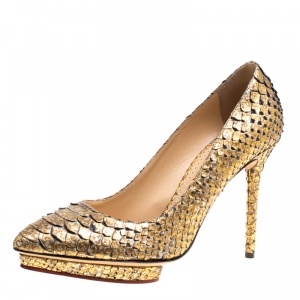 Pre Owned Charlotte Olympia Metallic Printed Python Leather Debbie Platform Pumps Size 38