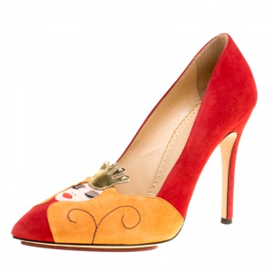 Pre Owned Charlotte Olympia Red Suede Sleeping Beauty Pumps Size 38.5