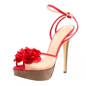 Charlotte Olympia Red Satin and Mesh Pomeline Flower Embellished Peep Toe Platform Sandals Size 40.5
