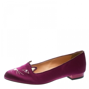 Pre Owned Charlotte Olympia Purple Satin Kitty Flats Size 39
