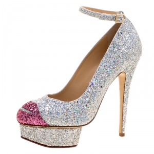 Pre Owned Charlotte Olympia Silver Coarse Glitter Kiss Me Dolores! Ankle Strap Platform Pumps Size 40