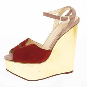 Charlotte Olympia Red Suede Pucker Up Platform Ankle Strap Wedge Sandals Size 40 