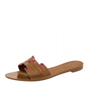 Pre Owned Charlotte Olympia Brown Rubber Manipedi Flat Slides Size 37