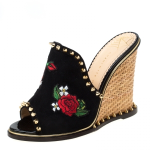 Charlotte Olympia Black Suede Gail Floral Embroidered Open Toe Wedge Sandals Size 38