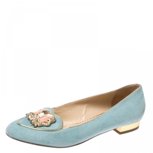 Pre Owned Charlotte Olympia Blue Suede Birthday Zodiac Gemini Ballet Flats Size 37