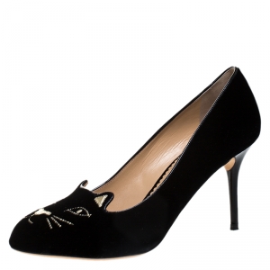 Pre Owned Charlotte Olympia Black Embroidered Velvet Kitty Pumps Size 39