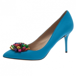 Pre Owned Charlotte Olympia Blue Satin Pompom Pumps Size 40