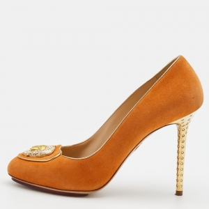 Charlotte Olympia Orange Suede Embellished Pumps Size 40