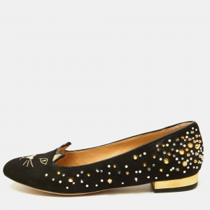 Charlotte Olympia Black Suede Kitty Spikes Ballet Flats Size 37.5