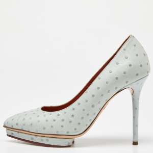 Pre Owned Charlotte Olympia Light Blue Ostrich Embossed Leather Dolly Pointed Toe Pumps Size 37
